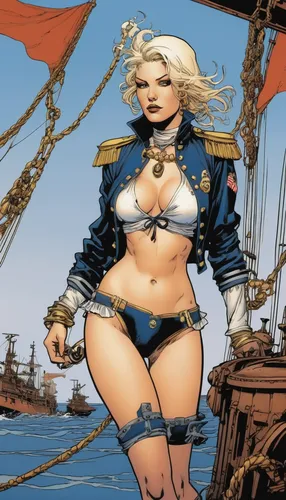 the sea maid,seafaring,pirate,sea fantasy,pirate treasure,harley,venetia,the blonde in the river,wonderwoman,mariner,motorboats,galleon,captain,heroic fantasy,catarina,pirate flag,piracy,east indiaman,fantasy woman,scarlet sail,Illustration,American Style,American Style 06