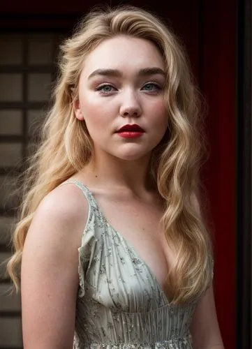 a portrait of a beautiful caucasian Florence Pugh 25 years old blonde hair in a stamp dress red lips brown eyes in the street of london in the night as background in 4k,british actress,social,female h