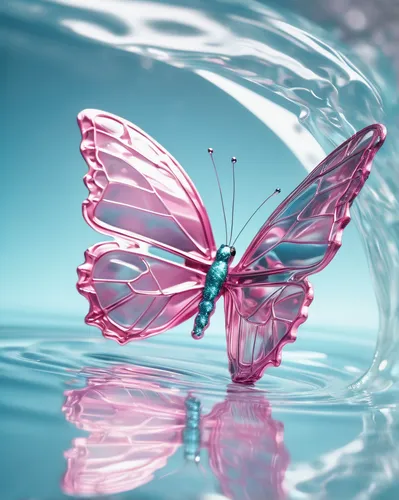 Surreal,there are pink butterfly made of foil on the sparkling white water,beautiful curves,sunlight,spots,reflective cyan,light and shadow,sacred,natural light,cinematography,photography,real,high - 