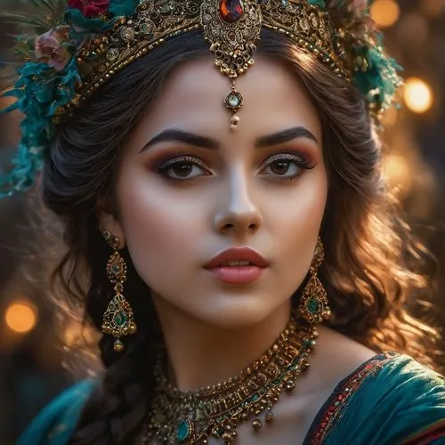 esmeralda,indian bride,headdress,indian woman,east indian,indian girl,mystical portrait of a girl,indian headdress,mastani,radha,headpiece,adornment,cleopatra,armenian,inara,diadem,headdresses,draupadi,circassian,romantic portrait,Photography,General,Fantasy