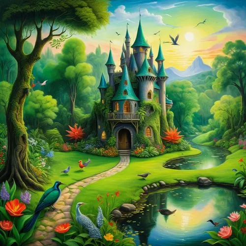 fairy tale castle,fairyland,fantasy picture,fairy world,fairytale castle,fairy village,Illustration,Abstract Fantasy,Abstract Fantasy 16