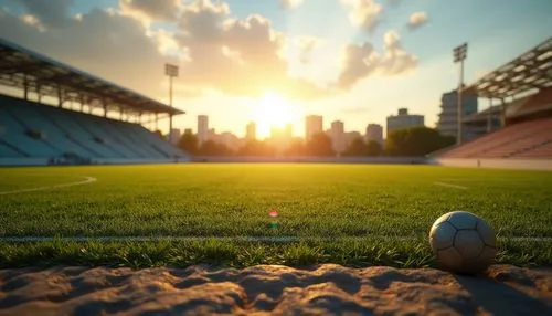 Sandstone sports field, sunset, warm lighting, natural texture, rough stone surface, vibrant green grass, soccer ball, athletic track, stadium seating, modern architecture, geometric structure, urban 