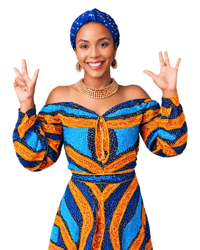 African lady, traditional attire, colorful Ankara pattern, flowing long sleeves, high neckline, wrapper skirt, vibrant headwrap, bold jewelry, golden earrings, layered necklaces, bright smile, confide