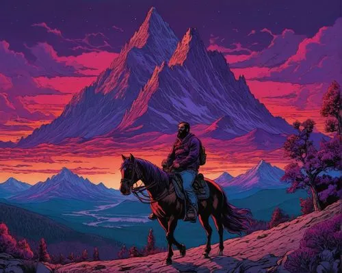 mountain sunrise,purple landscape,fire mountain,mountain scene,horseback,mountains,westerns,goat mountain,horseman,rodeo,high mountains,western riding,man and horses,the spirit of the mountains,rdr,mountain,giant mountains,mountain landscape,mountie,hildebrandt,Illustration,American Style,American Style 03