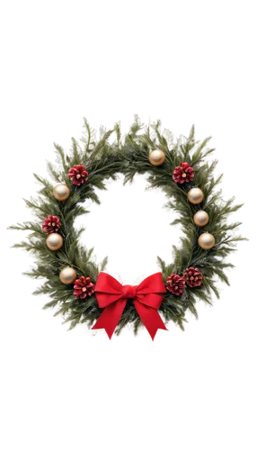 Christmas wreath, festive greenery, circular shape, fresh pine leaves, red berries, golden ornaments, ribbons tied in bow, sparkling snowflakes, soft focus, warm lighting, 3/4 composition, shallow dep