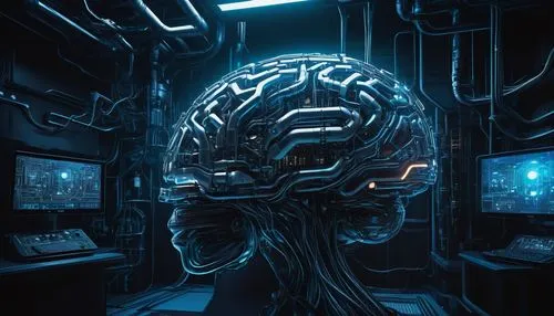 Cyberpunk brain, futuristic laboratory, complex neural networks, glowing blue circuits, intricate mechanical structures, holographic screens, sci-fi machinery, neon lights, metallic surfaces, dark sha