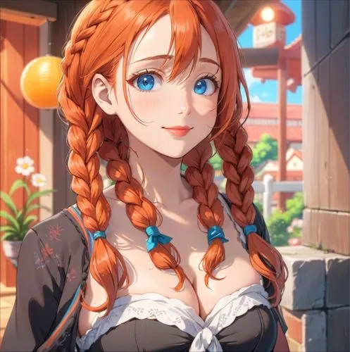 4 braids girl, red lips, smile, big boobs,  tube top, blue eyes,  red orange hair,anime girl with red hair and blue eyes,beatrix,nami,reynir,freyja,merida,tokiko,Anime,Anime,Traditional