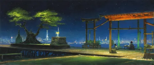 Wasabi-Chan Concept,night scene,the park at night,senbon torii,torii,bandstand,at night,wooden pier,pier,japanese shrine,docks,the pier,city at night,necropolis,dock,gazebo,old pier,night view,rem in 