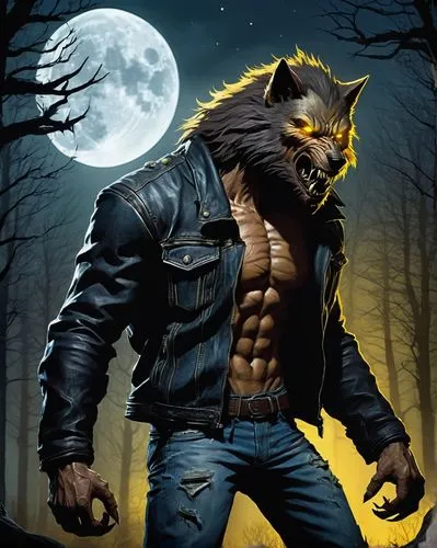 Mutant werewolf, muscular male, furry body, sharp claws, glowing yellow eyes, messy brown hair, ripped denim pants, black leather jacket, standing, full moon night, dark forest, misty atmosphere, fogg