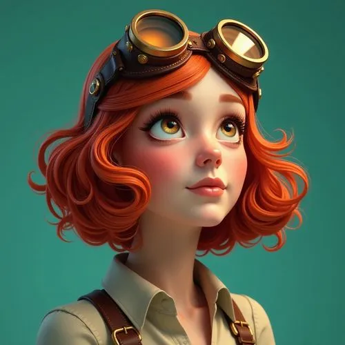 A woman with wavy red hair in a voluminous bob, wearing vintage leather goggles on her head, poses thoughtfully, looking slightly upwards. The background is a solid teal color, creating a striking con