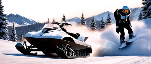 Snowmobile, winter sports, speed, snowy mountain, frosty air, realistic tracks, metallic body, headlights, windshield, ski goggles, warm fur-lined jacket, gloves, boots, dynamic pose, action shot, low