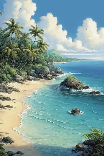 beach landscape,tropical sea,an island far away landscape,beach scenery,tropical beach,coastal landscape,dream beach,ocean background,landscape background,mountain beach,tropical island,castaway beach,sea landscape,honolulu,beautiful beach,beautiful beaches,south pacific,cartoon video game background,brazilian beach,coconut trees,Illustration,Paper based,Paper Based 29