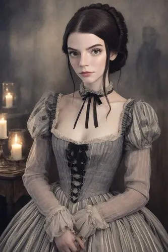 Victoria Everglot has a pale, translucent complexion, with a matte and opaque appearance that enhances her ghostly presence. She has dark brown hair that is tied up. Big, sad eyes. She has a haggard e