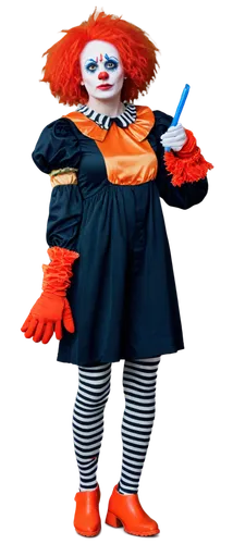 Angry clown, red nose, exaggerated eyebrows, white face paint, bright orange wig, oversized shoes, colorful costume, puffed sleeves, holding a red rubber chicken, standing with one leg bent, menacing 