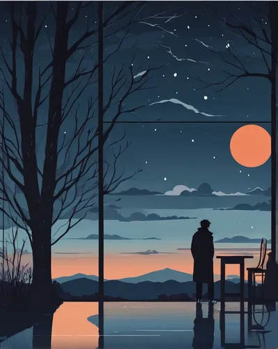 romantic scene,night scene,evening atmosphere,romantic night,vintage couple silhouette,in the evening,silhouette art,before the dawn,before sunrise,man on a bench,evening lake,before dawn,moonlit night,twilight,loneliness,summer evening,house silhouette,idyll,moonrise,tranquil,Illustration,Japanese style,Japanese Style 06