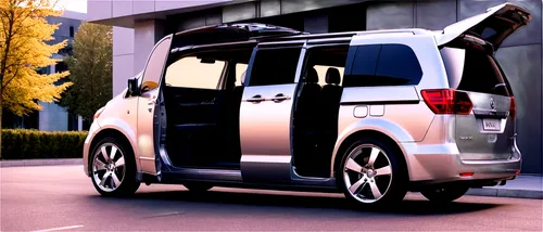 Minivan, opened rear door, silver metallic body, black windows, chrome handle, sporty wheels, low-angle shot, afternoon sunlight, soft shadows, shallow depth of field, realistic reflection, 3/4 compos