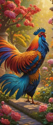 Imagine a colorful phoenix rooster dancing gracefully amidst a blooming garden.,fairy peacock,phoenix rooster,peacock,bird painting,guacamaya,blue peacock,rosella,tropical bird,tropical bird climber,f