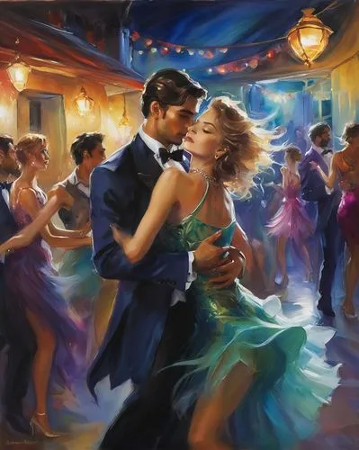 dancing at the midnight cove club,painting of man and woman dancing with ballroom background,milonga,waltzing,dancing couple,argentinian tango,waltz,bailar,Illustration,Paper based,Paper Based 11