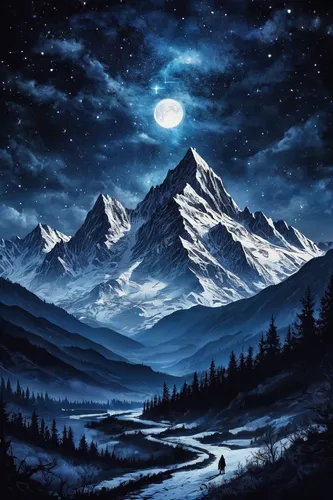 moonlit night,snowy mountains,mountain landscape,mountain scene,snowy peaks,lunar landscape,mountainous landscape,moonscape,snow landscape,blue moon,snowy landscape,landscape background,the spirit of the mountains,blue mountain,christmas landscape,moon and star background,snow mountains,snow mountain,winter landscape,moonlit,Illustration,Realistic Fantasy,Realistic Fantasy 46