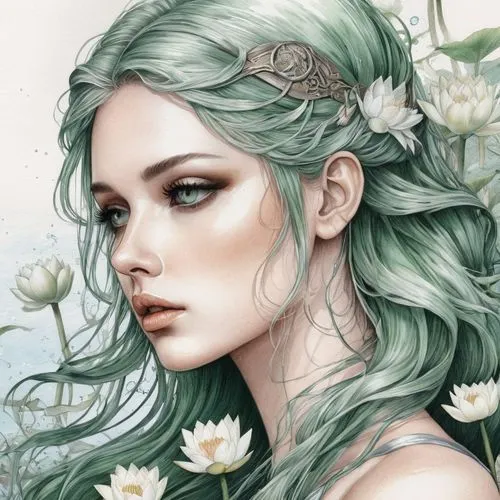 elven flower,faery,dahlia white-green,dryad,faerie,mint blossom,flower fairy,fantasy portrait,flora,laurel wreath,fairy queen,elven,spring crown,green mermaid scale,fae,moonflower,jessamine,the enchantress,wilted,white rose snow queen,Conceptual Art,Fantasy,Fantasy 33