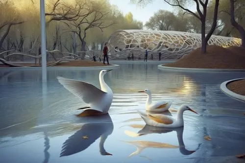 Personas tipo futuristas cambiar el Cielo  arboles metálicos  iluminados
aves en HD,two swans swim across the water in a public park,swan lake,plesiosaurs,water birds,water fowl,waterbirds,trumpeter s