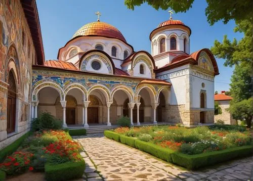 Ancient Bulgarian Orthodox church, intricate stone carvings, ornate domes, golden crosses, red-tiled rooftops, white stone walls, arched windows, grand entrance, ornate doorways, colorful frescoes, By