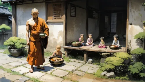 Japanese anime cartoon image of a monk holding an alms bowl, waiting for food in front of a housewife and her children.,a man walking into a house with children around him,buddhist monk,buddhists monk