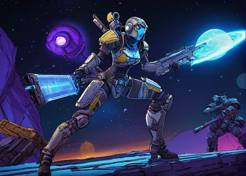 character, Borderlands: The Pre-Sequel, Athena the Gladiator, action pose, shield, sword, aggressive stance, Nisha the Lawbringer, dual pistols, cowboy hat, sharpshooter, Wilhelm the Enforcer, cyberne