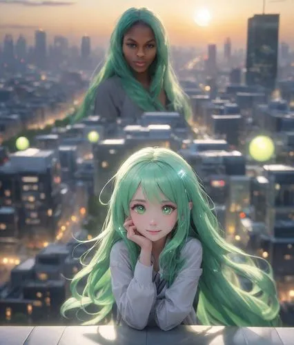 As the city streetlights illuminate the night sky, a young girl with long green hair grins quietly as her eyes stare on the horizon. The city skyline serves as a stunning backdrop of modern art, surro