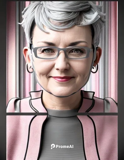 53 year old Belgian woman, grey short hair, light gray eyeglasses, bubble gum pink dress.,librarian,administrator,custom portrait,png transparent,portrait background,pink vector,caricature,politician,