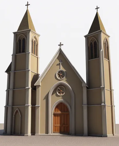 a church has three steeples and clocks on it,3d rendering,sketchup,3d rendered,render,3d model,3d render