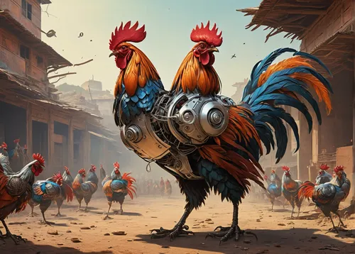 Imagine a futuristic world where robot roosters participate in high-tech battles in India.,cockerel,rooster,vintage rooster,bantam,landfowl,phoenix rooster,roosters,flock of chickens,feathered race,ch