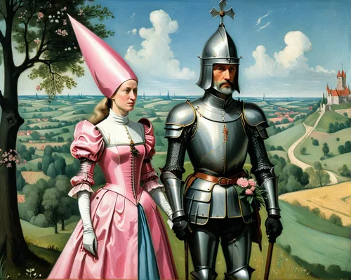 couple of woman in medieval dress with high cap headdress and knight in armor with open visor holding bouquet of flowers standing next to each other, storybook illustration, Terry Oakes, tumblr, forma