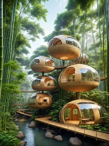 A series of futuristic office pods suspended by cables from giant bamboo stalks in a dense forest. The pods are made of lightweight, transparent materials, allowing natural light to flood the interior