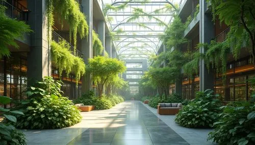 Breezy atrium, lush green walls, natural light pouring, openable windows, ventilation grills, solar chimneys, wind catchers, clerestory roofs, operable skylights, double-glazed facades, thermal mass m