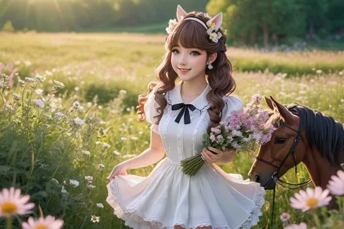 Lolita Centaur, half-human half-horse, sweet smiling face, big sparkling eyes, curly brown hair, rosy cheeks, horse ears, flowy white blouse, short skirt, stockings, black Mary Jane shoes, holding a b