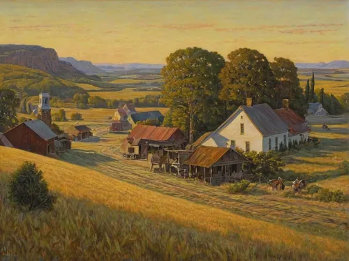 rural landscape,farm landscape,village scene,lev lagorio,home landscape,landscape,grant wood,rural,transilvania,montana,zwartnek arassari,autumn landscape,farmstead,sonoma,prairie,alberta,hagen,dutch landscape,nebraska,aurora village,Illustration,Retro,Retro 01