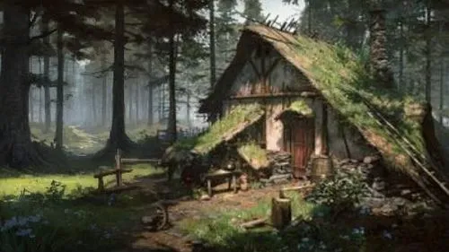 an old cabin with a little hut on the roof,iron age hut,house in the forest,wooden hut,riftwar,riverwood,fairy house