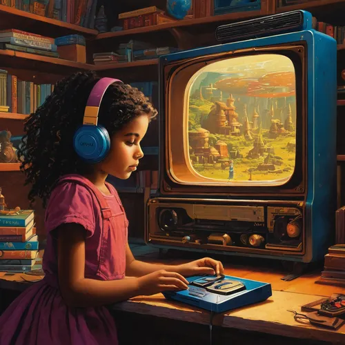 girl at the computer,little girl reading,vintage children,atari 2600,book electronic,analog television,audiophile,retro television,child with a book,girl studying,television,sega mega drive,atari,retro technology,sci fiction illustration,c64,computer game,nintendo entertainment system,retro music,children's background,Conceptual Art,Sci-Fi,Sci-Fi 17