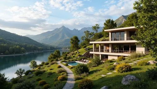 Mountainous landscape, rolling hills, serene lakeside, lush greenery, vibrant wildflowers, meandering walking paths, wooden bridges, natural stone walls, modern architecture, cantilevered roofs, large