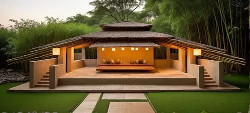 a meditation zone made of mud walls with thatched hay roof. earthy tone on the walls, floor and steps. surrounded by a beautiful green grass pathway having stepping stones to move around. tall trees a