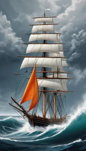 Immerse the audience in a thrilling stormy sea scenario, where brave sailors maneuver their tall ships against powerful waves.,sea sailing ship,sail ship,sailing ship,sailing vessel,caravel,barquentin