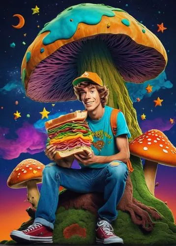 Scooby-Doo, trippy, psychedelic colors, cartoonish, Shaggy Rogers, best friend, mystery solving, detective outfit, blue shirt, orange hat, ripped jeans, sneakers, holding a giant sandwich, sitting on 