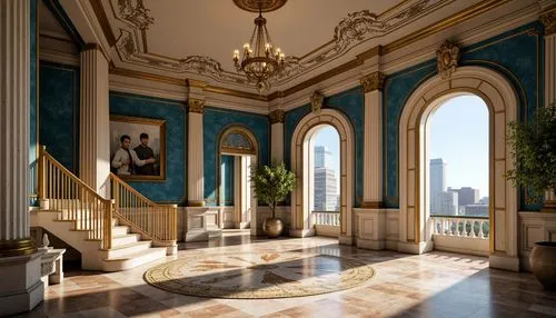 foyer,hallway,entrance hall,palladianism,ornate room,ballroom,grandeur,rosecliff,europe palace,cochere,marble palace,ballrooms,royal interior,enfilade,neoclassical,opulently,palatial,lobby,crown palace,opulence