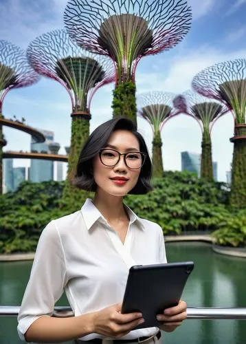 Modern Singapore architecture, urban designer, solo, (35yo), black framed glasses, neat short hair, casual business attire, white shirt, dark trousers, holding a tablet and stylus, standing in front o