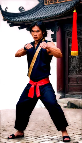 Dynamic Kung Fu master, powerful stance, intense facial expression, messy black hair, golden earring, worn-out training uniform, torn sleeves, red sash, strong muscular arms, clenched fists, dramatic 