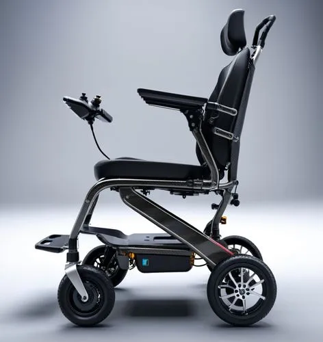 一辆碳纤维电动轮椅车
,the chair for wheelchairs is positioned on top of the wheelchair,electric scooter,trikke,kymco,wheel chair,cybex,pushchair,Photography,General,Realistic