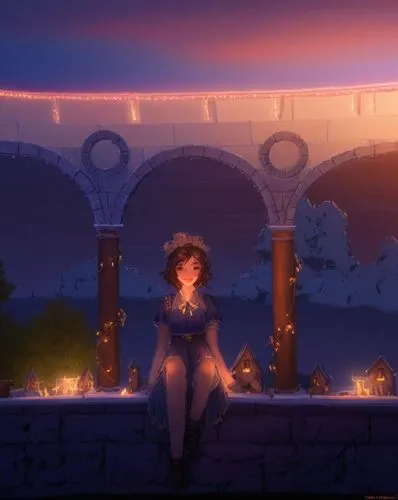 make the drawing a 2d digitaliced drawing,a painting of a girl sitting on a wall at night,merida,agrabah,dusk background,megara,katara,rem in arabian nights,Illustration,Realistic Fantasy,Realistic Fa