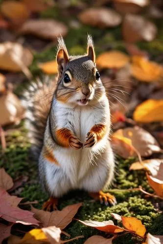 Adorable squirrel chipmunk hybrid, fluffy fur, mix of brown and red stripes on back, white belly, big round eyes, pink nose, tiny paws, standing on hind legs, holding acorn, forest floor, autumn leave