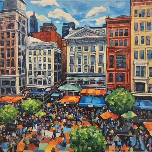 street fair,large market,farmers market,market,farmer's market,the market,colorful city,eastern market,david bates,oil on canvas,harlem,oil painting on canvas,city corner,city scape,kefermarkt,oil painting,vendors,principal market,market place,street scene,Illustration,Paper based,Paper Based 10